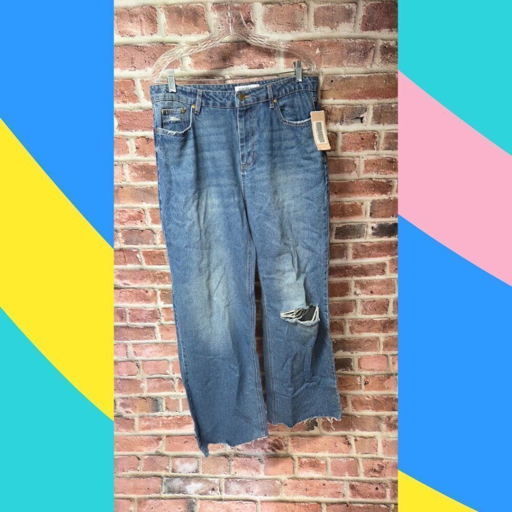 JustFab Blue Distressed Wide Leg Jeans –‎ Women’s Size 33 Raw Hem Cotton NEW